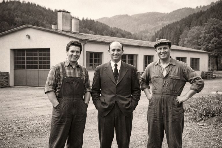 Anselme Amstutz et ses ouvriers devant l'usine de Vournichens, vers 1954